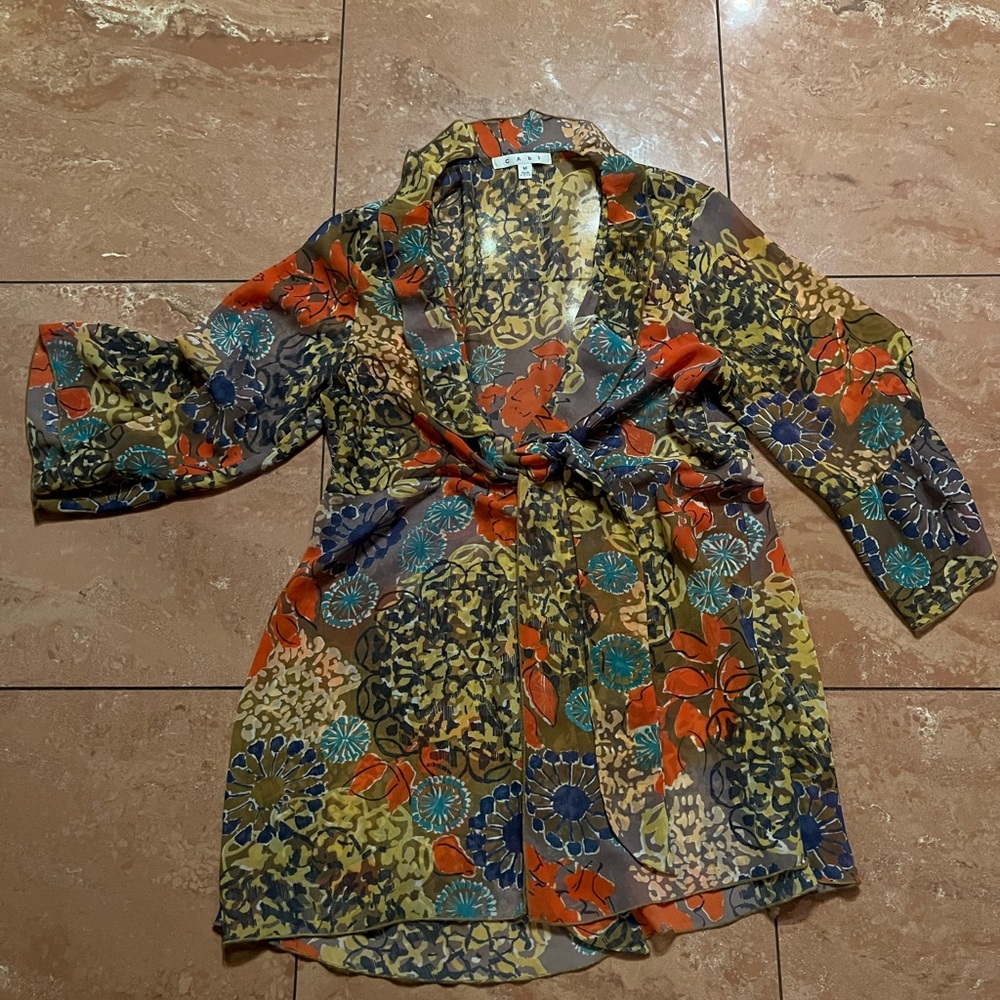 Cabi pull over tunic, tie waist semi sheer, sz medium